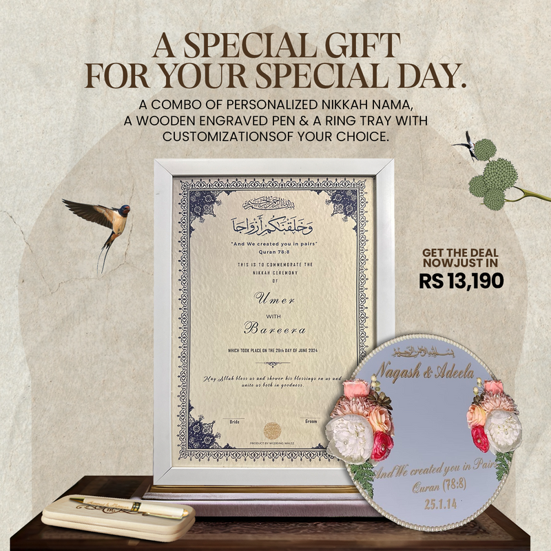 Your Special Day Deal - Combo of Nikkah Nama, Wooden Pen & Ring Tray