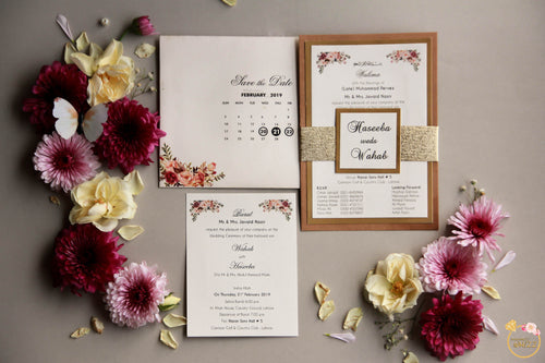 Floral Digital Print Inserts with Golden Band Invite