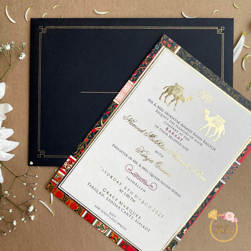 Mughal Inspired foil printed pattern Invite with Black envelope
