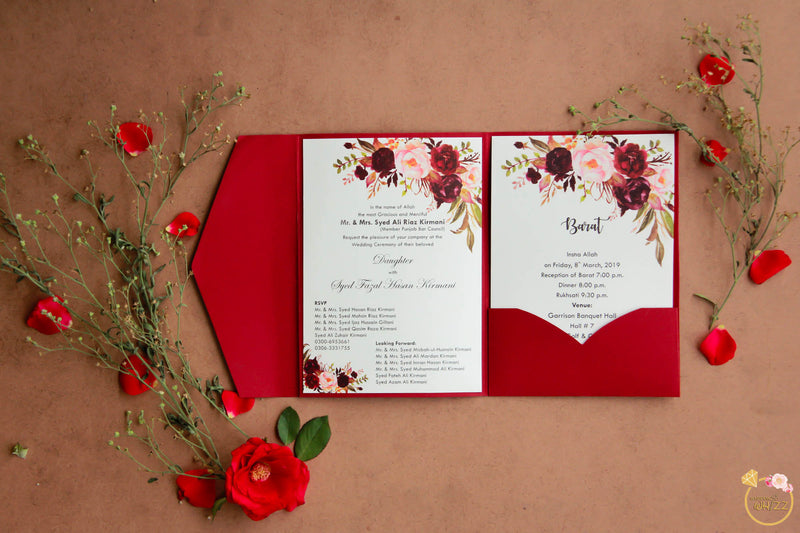 Single Color Tri fold Invite with Floral Inserts Pocket